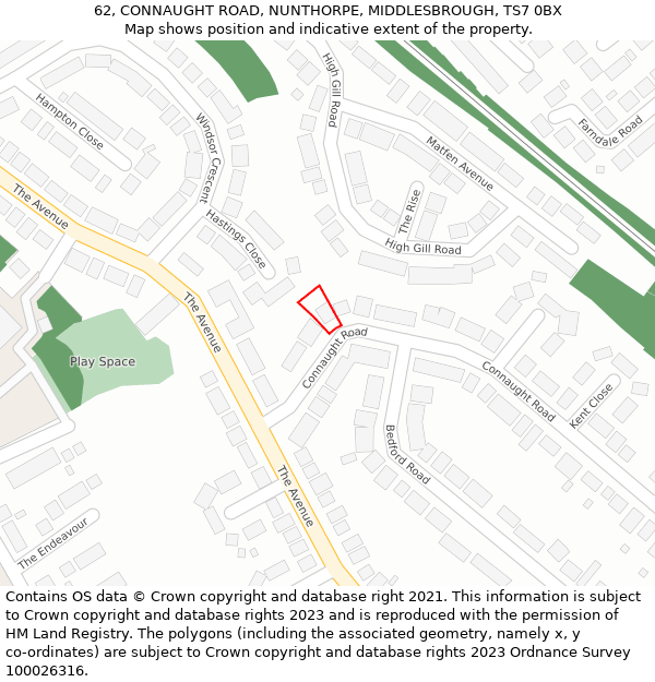 62, CONNAUGHT ROAD, NUNTHORPE, MIDDLESBROUGH, TS7 0BX: Location map and indicative extent of plot