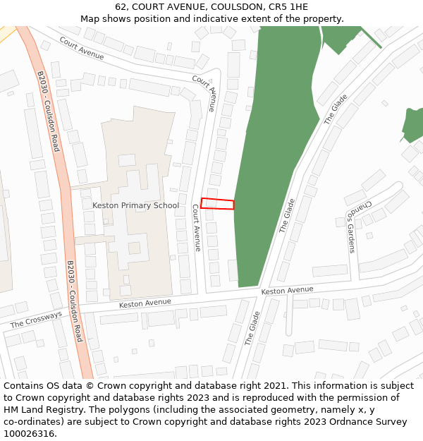 62, COURT AVENUE, COULSDON, CR5 1HE: Location map and indicative extent of plot