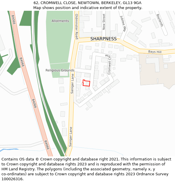 62, CROMWELL CLOSE, NEWTOWN, BERKELEY, GL13 9GA: Location map and indicative extent of plot