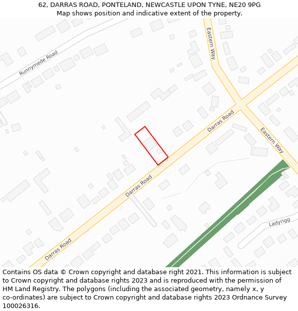 62, DARRAS ROAD, PONTELAND, NEWCASTLE UPON TYNE, NE20 9PG: Location map and indicative extent of plot