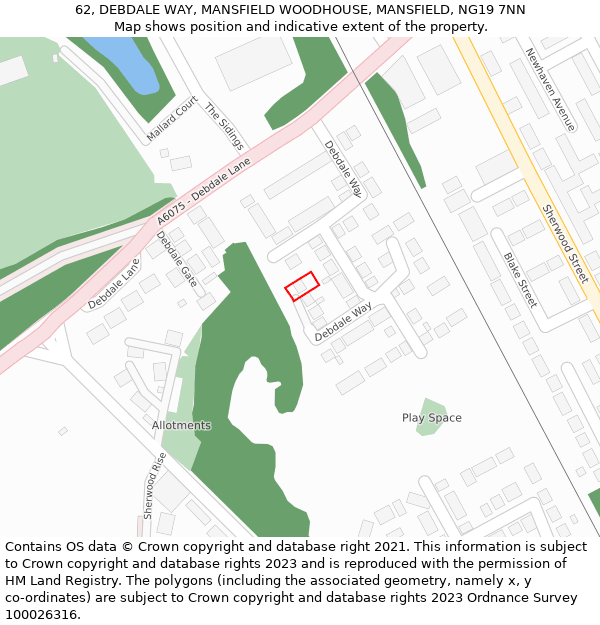 62, DEBDALE WAY, MANSFIELD WOODHOUSE, MANSFIELD, NG19 7NN: Location map and indicative extent of plot
