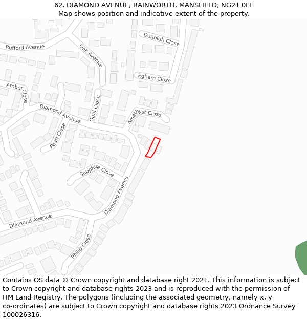 62, DIAMOND AVENUE, RAINWORTH, MANSFIELD, NG21 0FF: Location map and indicative extent of plot