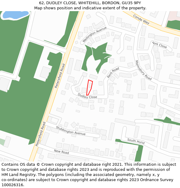 62, DUDLEY CLOSE, WHITEHILL, BORDON, GU35 9PY: Location map and indicative extent of plot