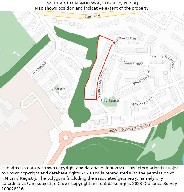 62, DUXBURY MANOR WAY, CHORLEY, PR7 3FJ: Location map and indicative extent of plot