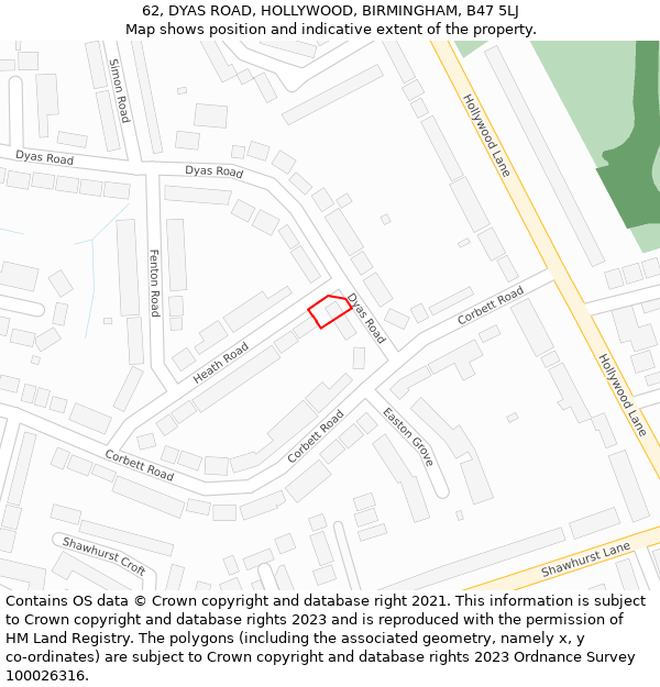 62, DYAS ROAD, HOLLYWOOD, BIRMINGHAM, B47 5LJ: Location map and indicative extent of plot