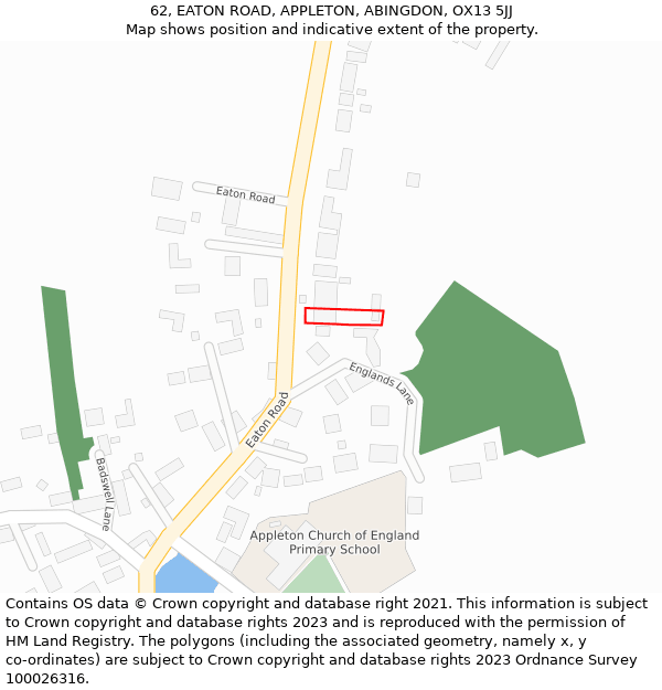 62, EATON ROAD, APPLETON, ABINGDON, OX13 5JJ: Location map and indicative extent of plot