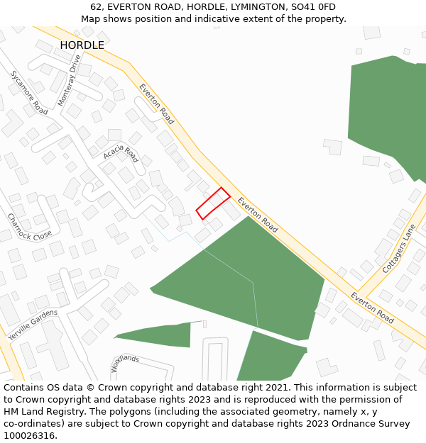 62, EVERTON ROAD, HORDLE, LYMINGTON, SO41 0FD: Location map and indicative extent of plot