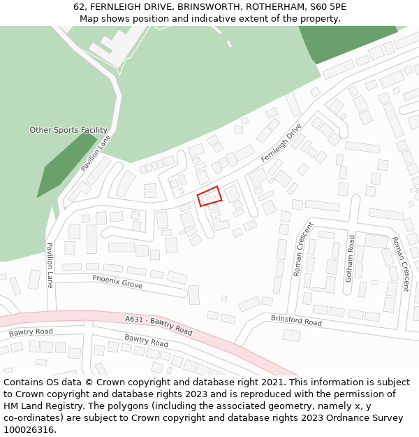 62, FERNLEIGH DRIVE, BRINSWORTH, ROTHERHAM, S60 5PE: Location map and indicative extent of plot