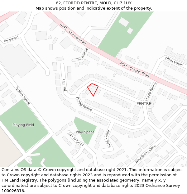 62, FFORDD PENTRE, MOLD, CH7 1UY: Location map and indicative extent of plot