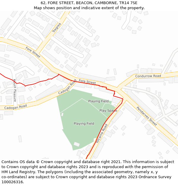 62, FORE STREET, BEACON, CAMBORNE, TR14 7SE: Location map and indicative extent of plot