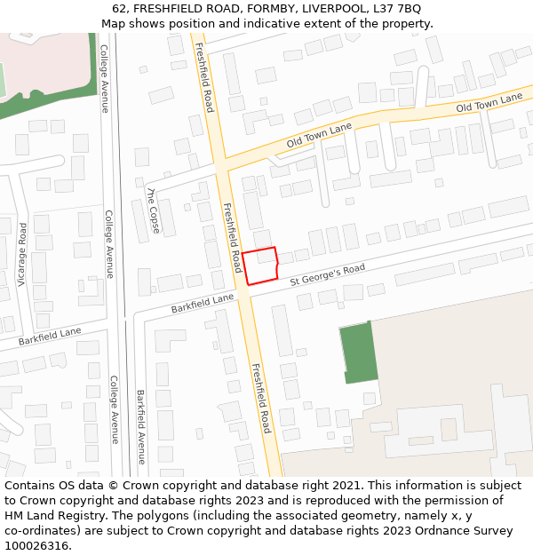 62, FRESHFIELD ROAD, FORMBY, LIVERPOOL, L37 7BQ: Location map and indicative extent of plot