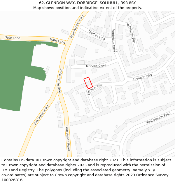 62, GLENDON WAY, DORRIDGE, SOLIHULL, B93 8SY: Location map and indicative extent of plot