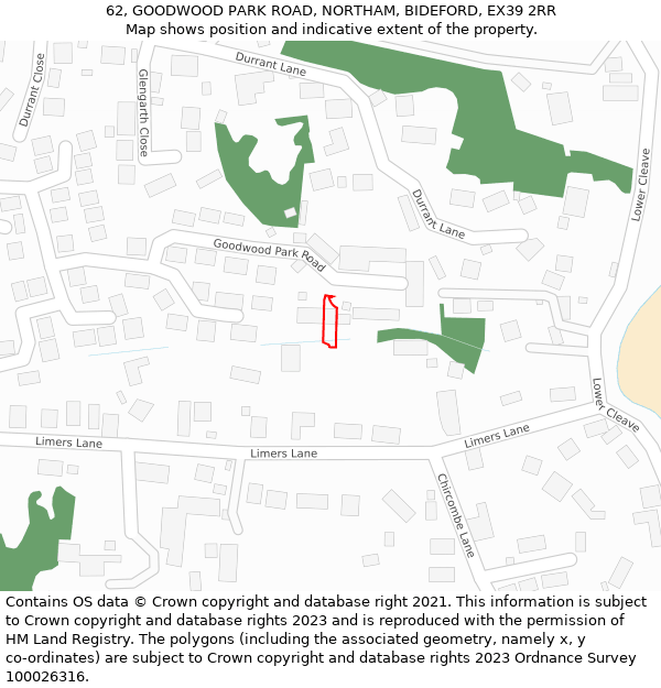 62, GOODWOOD PARK ROAD, NORTHAM, BIDEFORD, EX39 2RR: Location map and indicative extent of plot