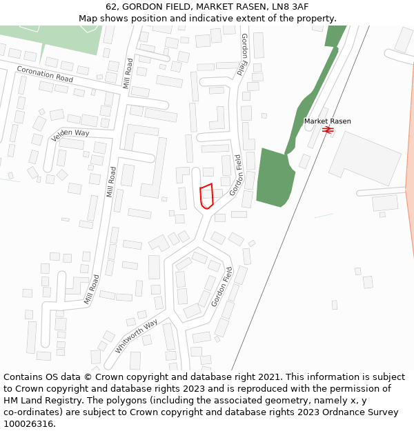 62, GORDON FIELD, MARKET RASEN, LN8 3AF: Location map and indicative extent of plot