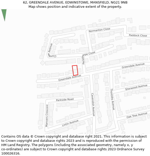 62, GREENDALE AVENUE, EDWINSTOWE, MANSFIELD, NG21 9NB: Location map and indicative extent of plot