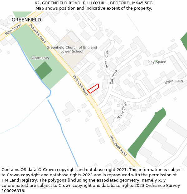 62, GREENFIELD ROAD, PULLOXHILL, BEDFORD, MK45 5EG: Location map and indicative extent of plot