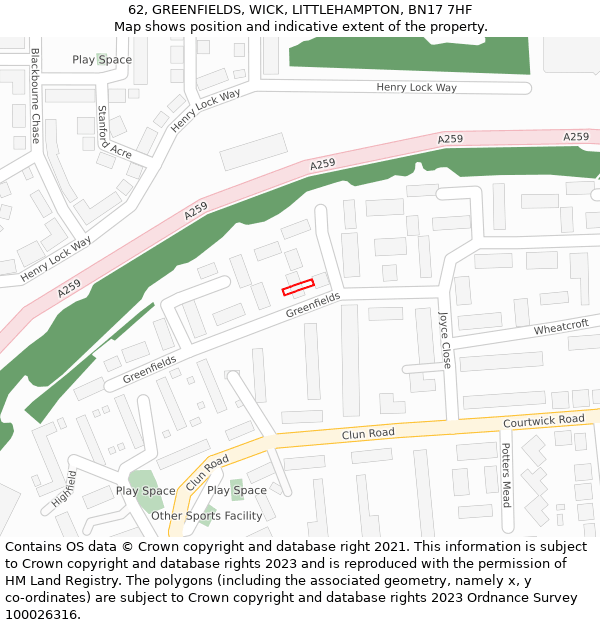 62, GREENFIELDS, WICK, LITTLEHAMPTON, BN17 7HF: Location map and indicative extent of plot