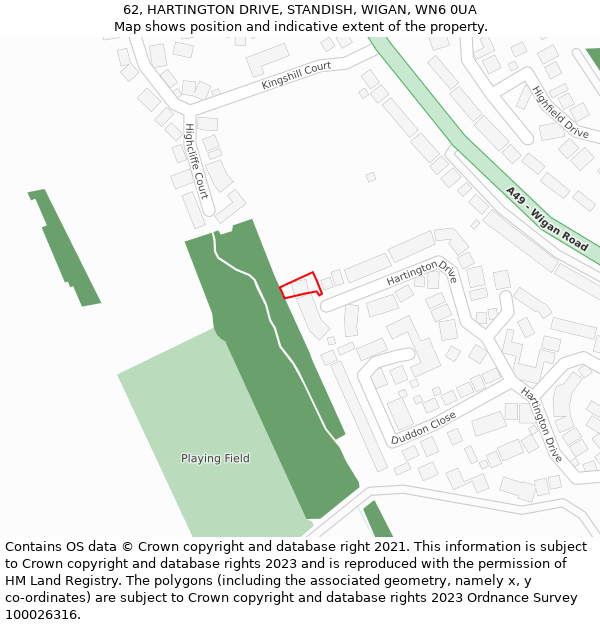 62, HARTINGTON DRIVE, STANDISH, WIGAN, WN6 0UA: Location map and indicative extent of plot