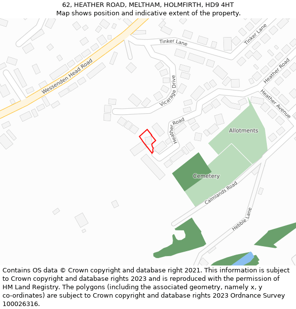 62, HEATHER ROAD, MELTHAM, HOLMFIRTH, HD9 4HT: Location map and indicative extent of plot