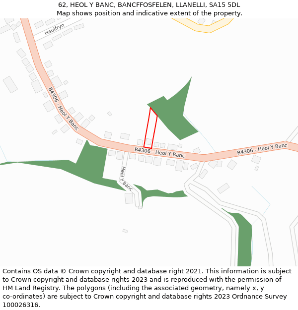 62, HEOL Y BANC, BANCFFOSFELEN, LLANELLI, SA15 5DL: Location map and indicative extent of plot