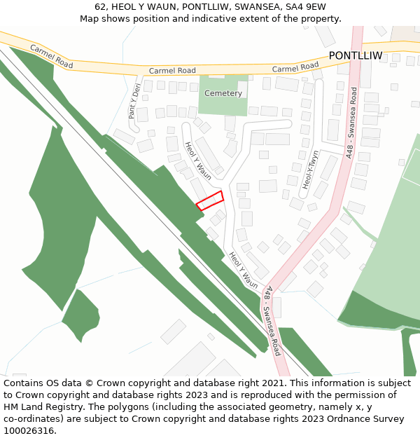 62, HEOL Y WAUN, PONTLLIW, SWANSEA, SA4 9EW: Location map and indicative extent of plot