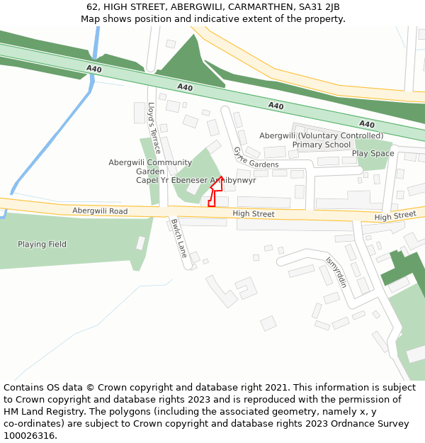 62, HIGH STREET, ABERGWILI, CARMARTHEN, SA31 2JB: Location map and indicative extent of plot