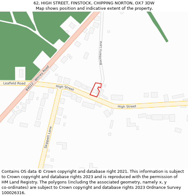 62, HIGH STREET, FINSTOCK, CHIPPING NORTON, OX7 3DW: Location map and indicative extent of plot