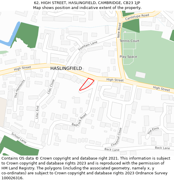 62, HIGH STREET, HASLINGFIELD, CAMBRIDGE, CB23 1JP: Location map and indicative extent of plot