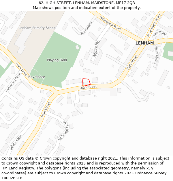 62, HIGH STREET, LENHAM, MAIDSTONE, ME17 2QB: Location map and indicative extent of plot