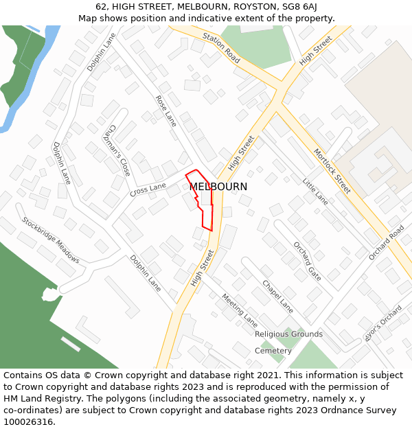 62, HIGH STREET, MELBOURN, ROYSTON, SG8 6AJ: Location map and indicative extent of plot