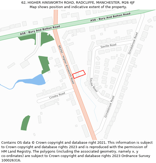 62, HIGHER AINSWORTH ROAD, RADCLIFFE, MANCHESTER, M26 4JF: Location map and indicative extent of plot