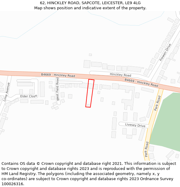 62, HINCKLEY ROAD, SAPCOTE, LEICESTER, LE9 4LG: Location map and indicative extent of plot