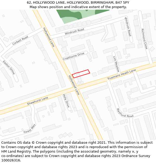 62, HOLLYWOOD LANE, HOLLYWOOD, BIRMINGHAM, B47 5PY: Location map and indicative extent of plot