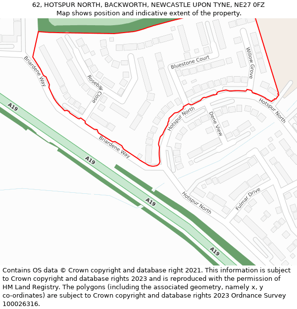 62, HOTSPUR NORTH, BACKWORTH, NEWCASTLE UPON TYNE, NE27 0FZ: Location map and indicative extent of plot