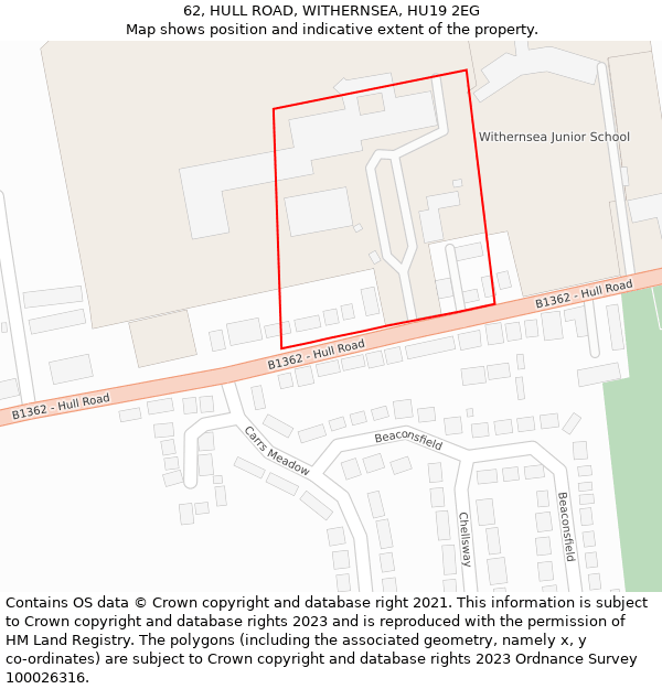 62, HULL ROAD, WITHERNSEA, HU19 2EG: Location map and indicative extent of plot