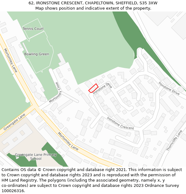 62, IRONSTONE CRESCENT, CHAPELTOWN, SHEFFIELD, S35 3XW: Location map and indicative extent of plot