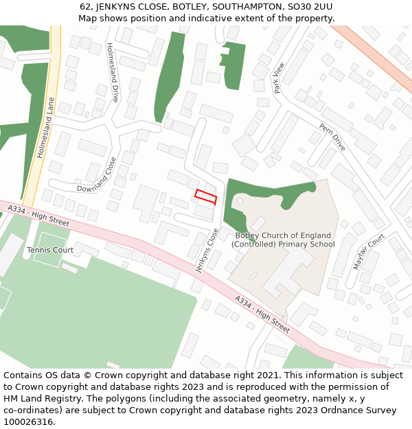 62, JENKYNS CLOSE, BOTLEY, SOUTHAMPTON, SO30 2UU: Location map and indicative extent of plot
