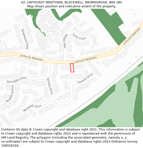 62, LINTHURST NEWTOWN, BLACKWELL, BROMSGROVE, B60 1BS: Location map and indicative extent of plot