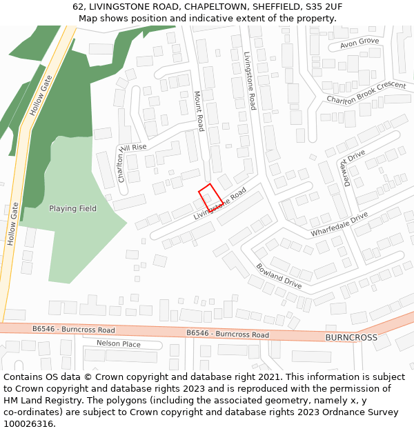 62, LIVINGSTONE ROAD, CHAPELTOWN, SHEFFIELD, S35 2UF: Location map and indicative extent of plot