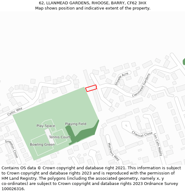 62, LLANMEAD GARDENS, RHOOSE, BARRY, CF62 3HX: Location map and indicative extent of plot