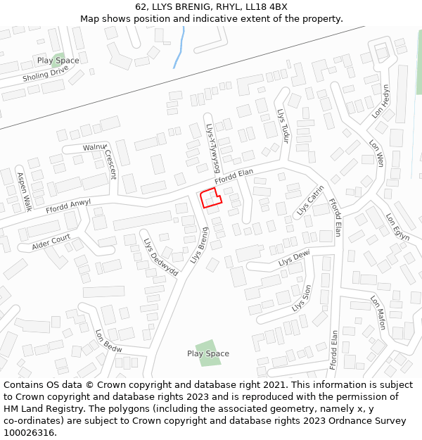 62, LLYS BRENIG, RHYL, LL18 4BX: Location map and indicative extent of plot