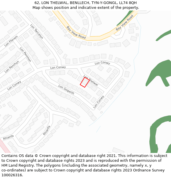 62, LON THELWAL, BENLLECH, TYN-Y-GONGL, LL74 8QH: Location map and indicative extent of plot