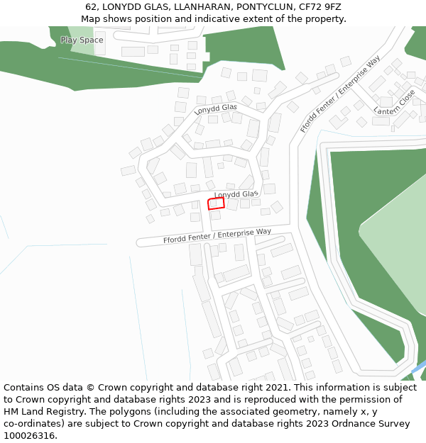 62, LONYDD GLAS, LLANHARAN, PONTYCLUN, CF72 9FZ: Location map and indicative extent of plot
