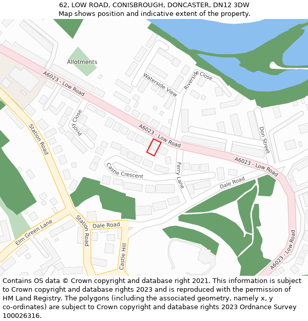 62, LOW ROAD, CONISBROUGH, DONCASTER, DN12 3DW: Location map and indicative extent of plot