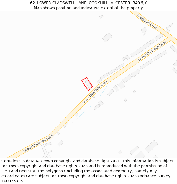 62, LOWER CLADSWELL LANE, COOKHILL, ALCESTER, B49 5JY: Location map and indicative extent of plot