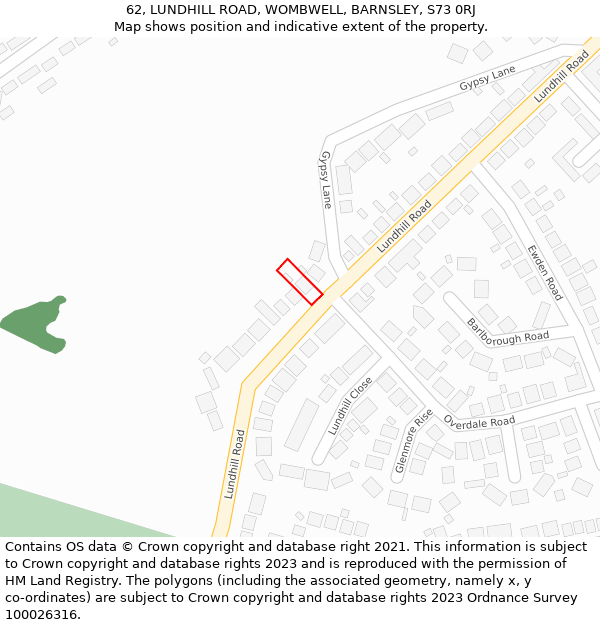 62, LUNDHILL ROAD, WOMBWELL, BARNSLEY, S73 0RJ: Location map and indicative extent of plot