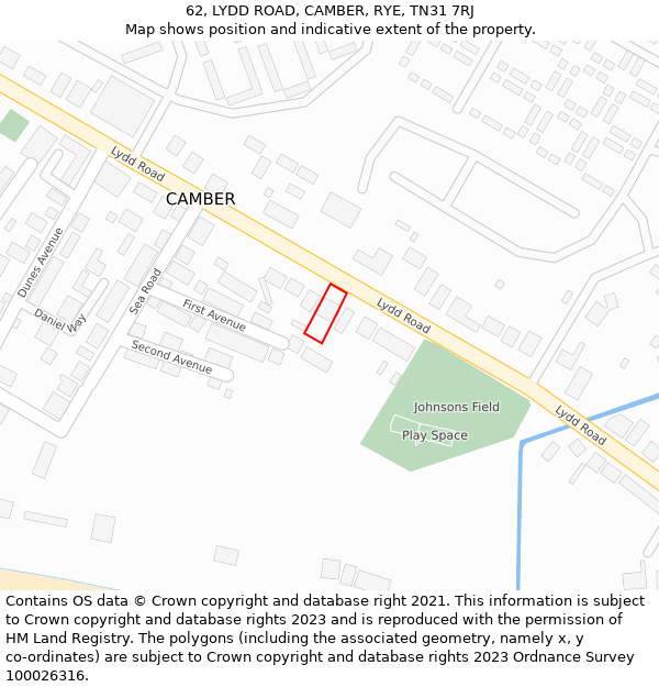 62, LYDD ROAD, CAMBER, RYE, TN31 7RJ: Location map and indicative extent of plot