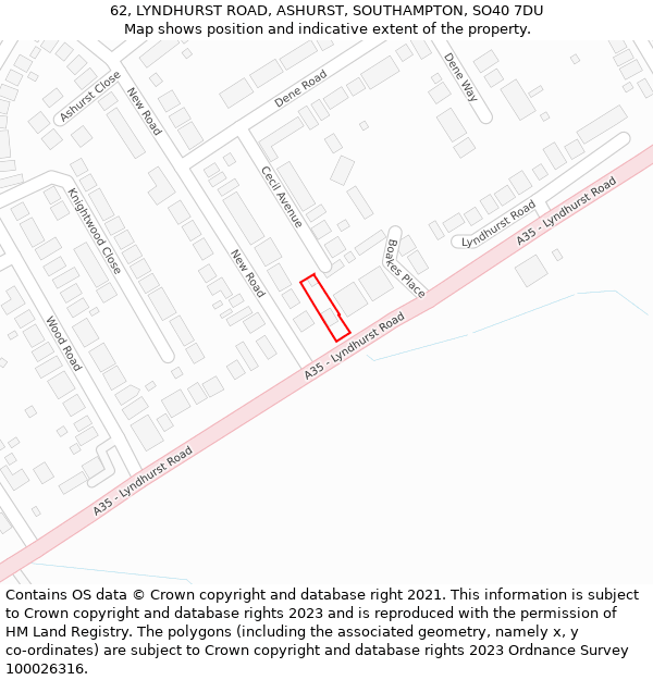 62, LYNDHURST ROAD, ASHURST, SOUTHAMPTON, SO40 7DU: Location map and indicative extent of plot