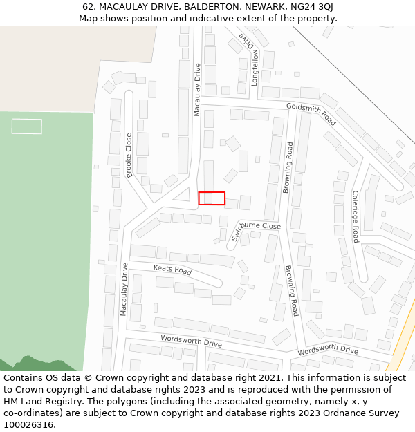 62, MACAULAY DRIVE, BALDERTON, NEWARK, NG24 3QJ: Location map and indicative extent of plot