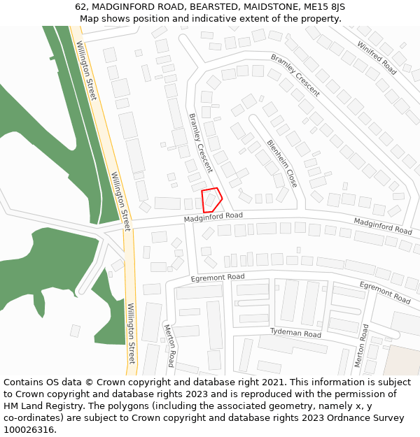 62, MADGINFORD ROAD, BEARSTED, MAIDSTONE, ME15 8JS: Location map and indicative extent of plot